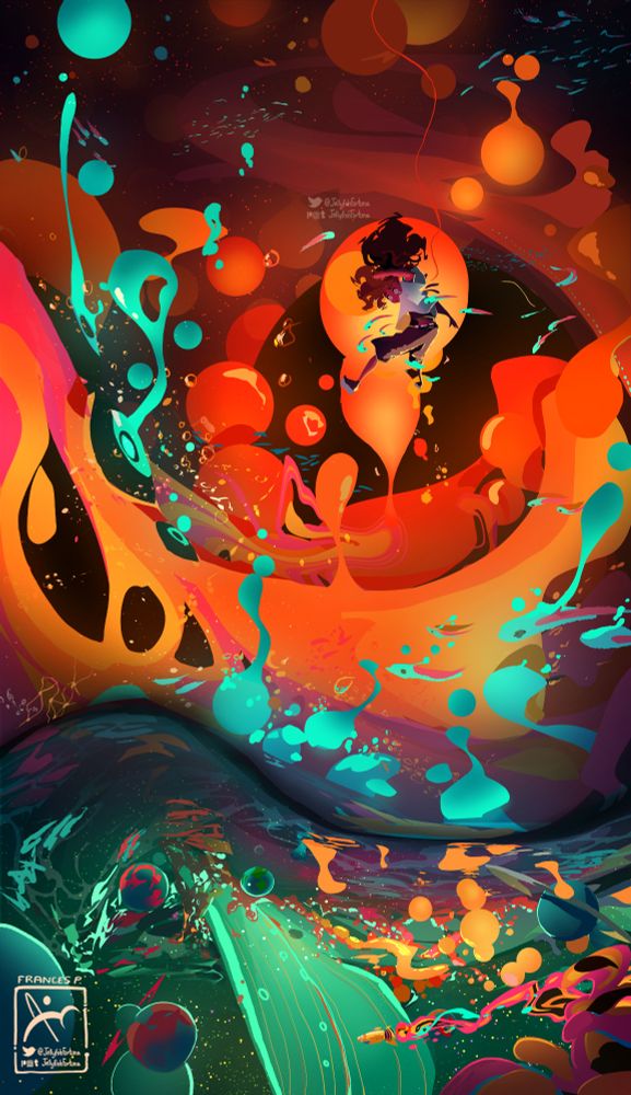 OC Levia. A Girl floating in a maelstrom of lava lamp like shapes. In the company of a massive surreal fish. Sci fi.