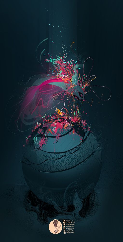A great fish like entity hovers in the air above egg like structure. The fish is impaled with two harpoons. From the wounds sprout coral, sea foliage and smaller fish. The blood of the larger fish lands below and more of this foliage grows. Between the fish and the egg, a woman in a yellow space suit rests. Her helmet is broken. she is attached to the harpoons via a tether. #FraesSpaceWestern