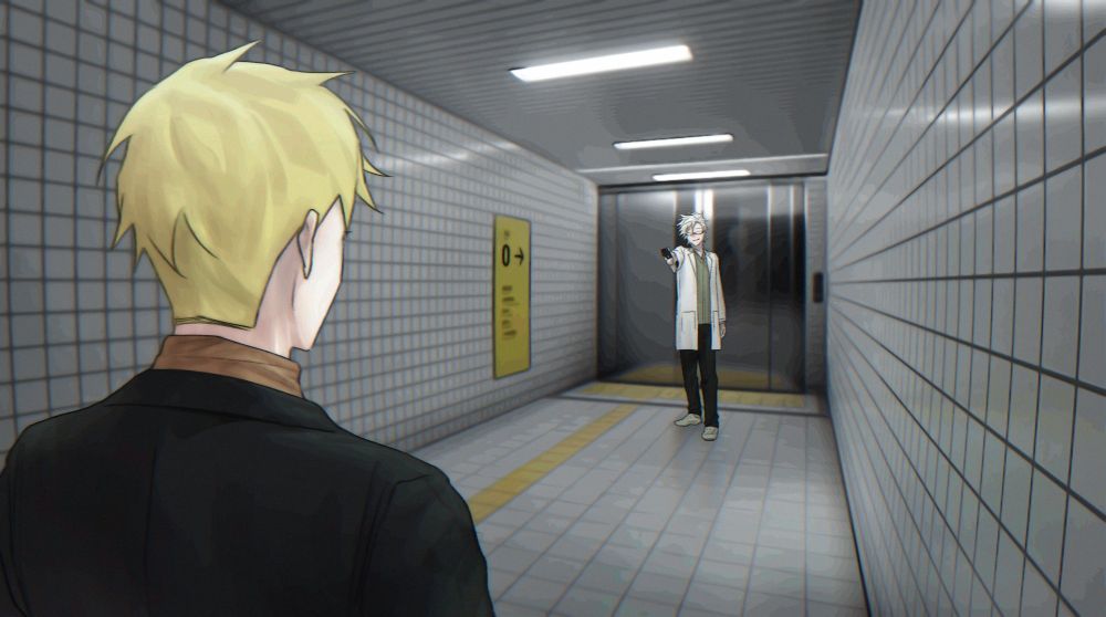 유명게임 <8번출구>의 복도.
아토 하루키는 엘레베이터를 등지고 자신을 향해 총구를 겨누는 카노 아오구를 바라보고 있다.