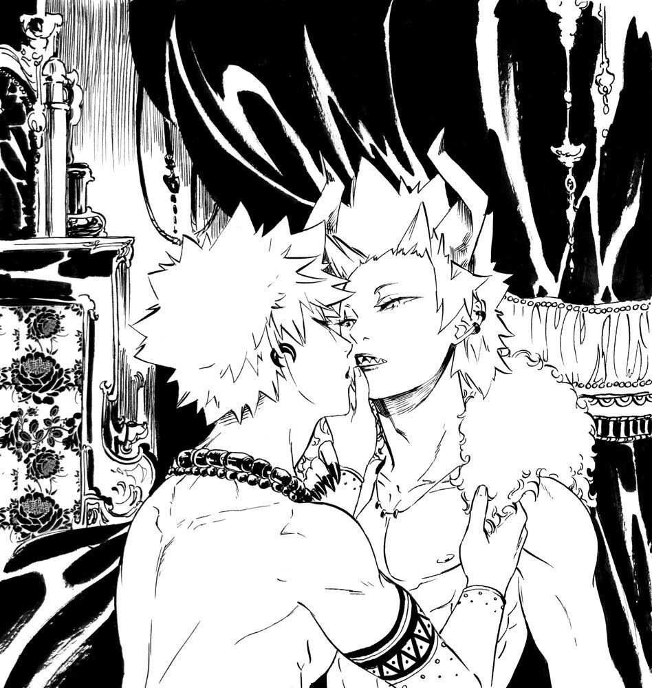 Ink drawing of Kirishima and Bakugou from the Fantasy AU.