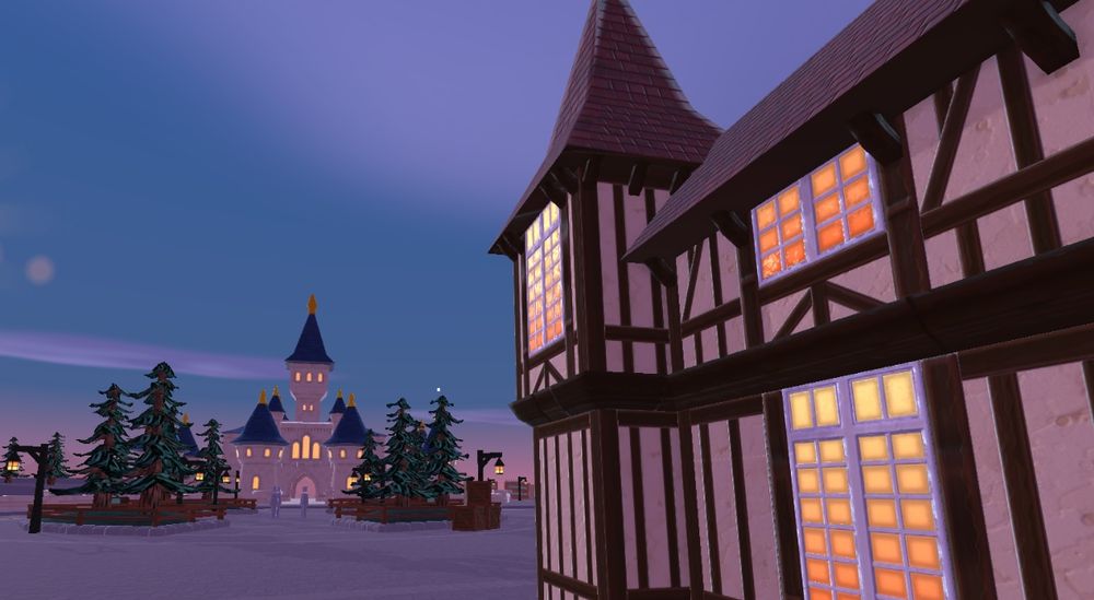 Video game screenshot of a medieval village 