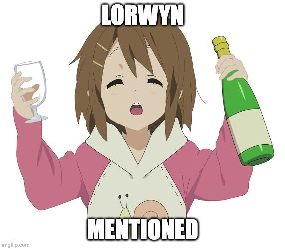 the "mentioned" reaction meme featuring the character Yui Hirasawa from K-ON!, a young Japanese person with a bottle of champagne in one hand and a glass in the other, happy to have heard something mentioned. in this case it's "lorwyn mentioned." lorwyn in a plane in the magic the gathering universe. it's always sunny and lovely in lorwyn and there's a lot of elves. lorwyn eventually becomes shadowmoor, a dark vampiric realm, but it happens to the best of us. 