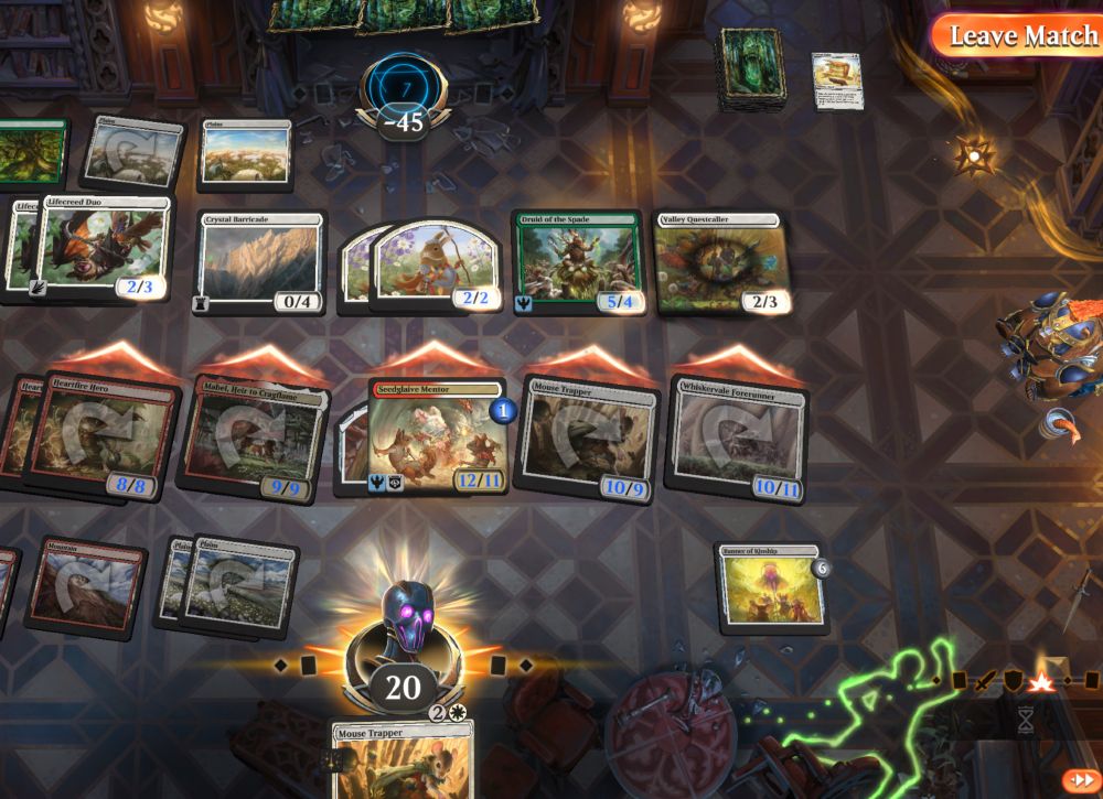 magic the gathering arena boardstate. I'm on the play and it's mice. they are buffered in a bunch of ways. my opponent has chosen not to block my attack because they know it's over. final score me 20, them minus 45. the mice carry the day 
