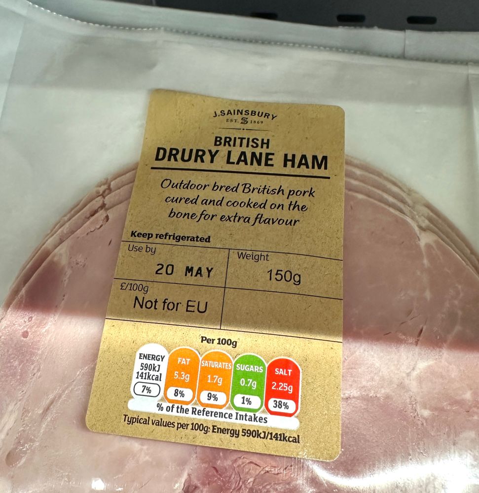 A packet of sliced meat labelled Drury Lane Ham.