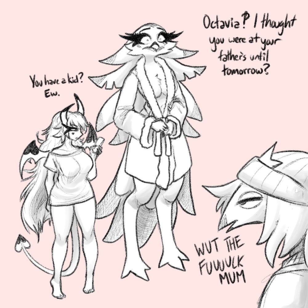 Stella and Verosika Mayday from Helluva Boss stand side-by-side in disheveled morning clothes after an implied night of passion. Octavia in the bottom right, questioning her mother's choices (who didn't expect to be seen by her), while Verosika comments that having kids is gross.