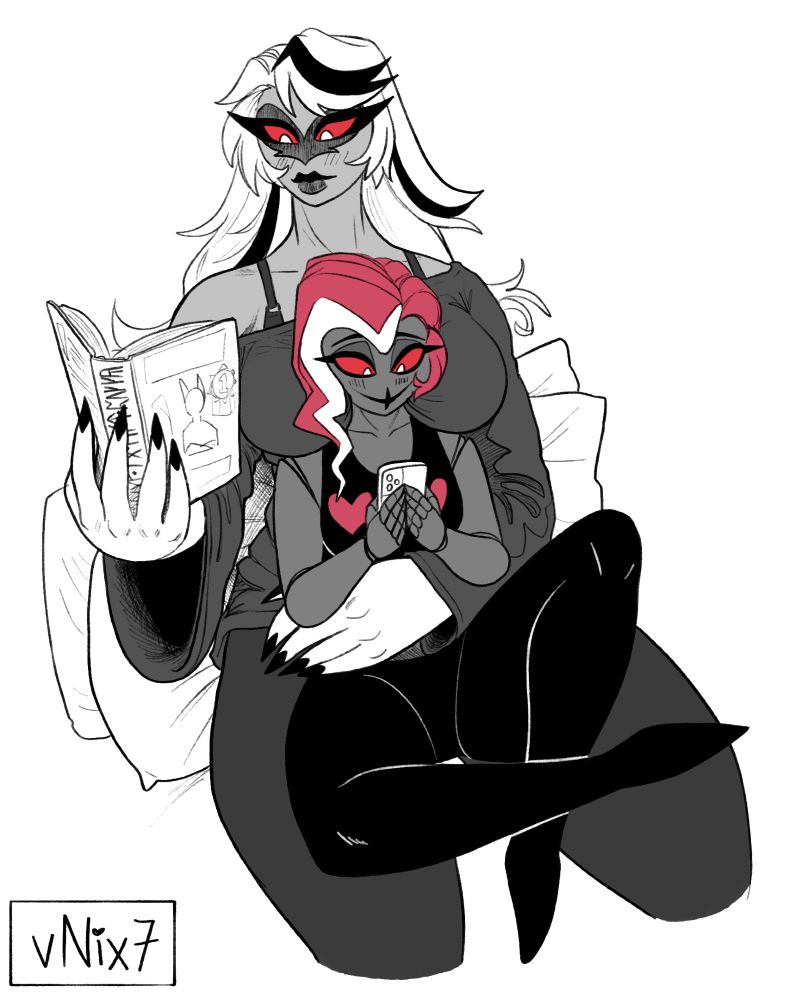A sketch of Velvette and Carmilla from Hazbin Hotel. Velvette is sitting in Carmilla's lap, reading her phone, while Carmilla holders her with one hand and a book in the other.