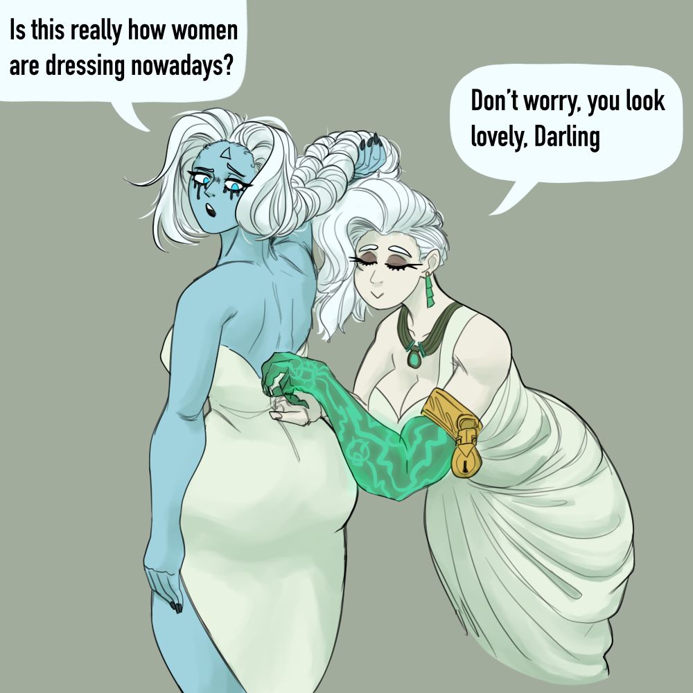Lady Geist from the game Deadlock helping Vindicta (from same) zip up her dress. Vindicta asks 