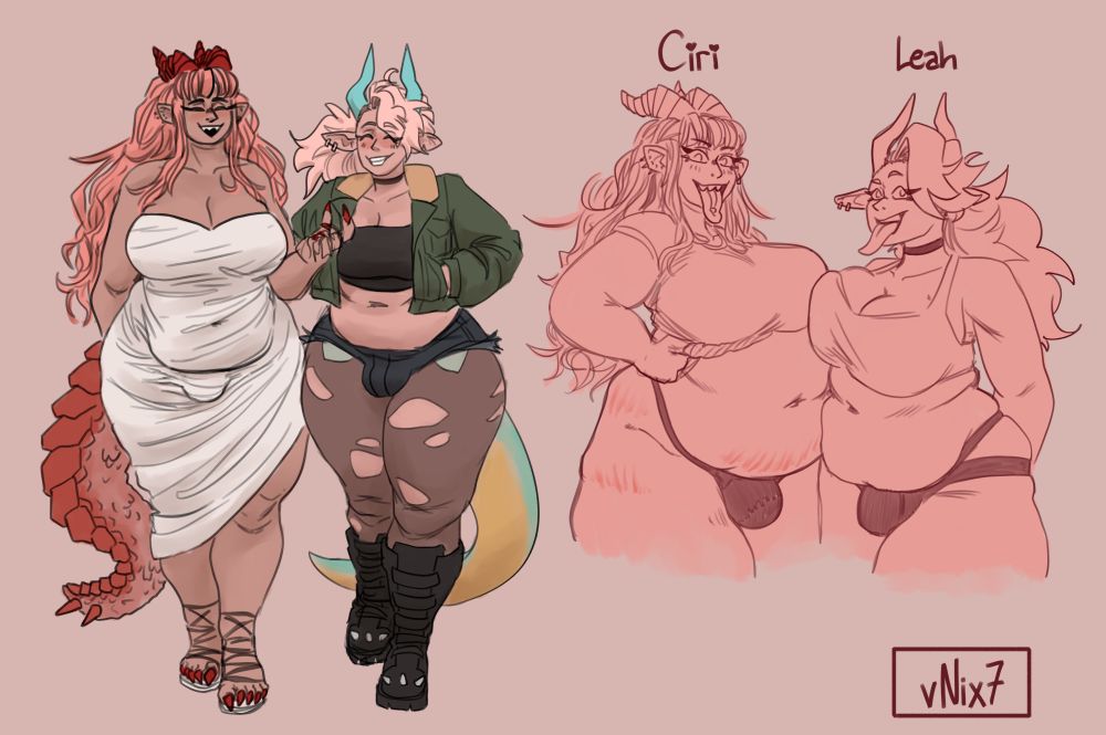 Two sketches of Ciri and Leah (both dragon girls with pointed ears, horns, and tails) walking side by side in typical outfits and posing for a playful photo with their tongues out and breasts and bellies pushed together.