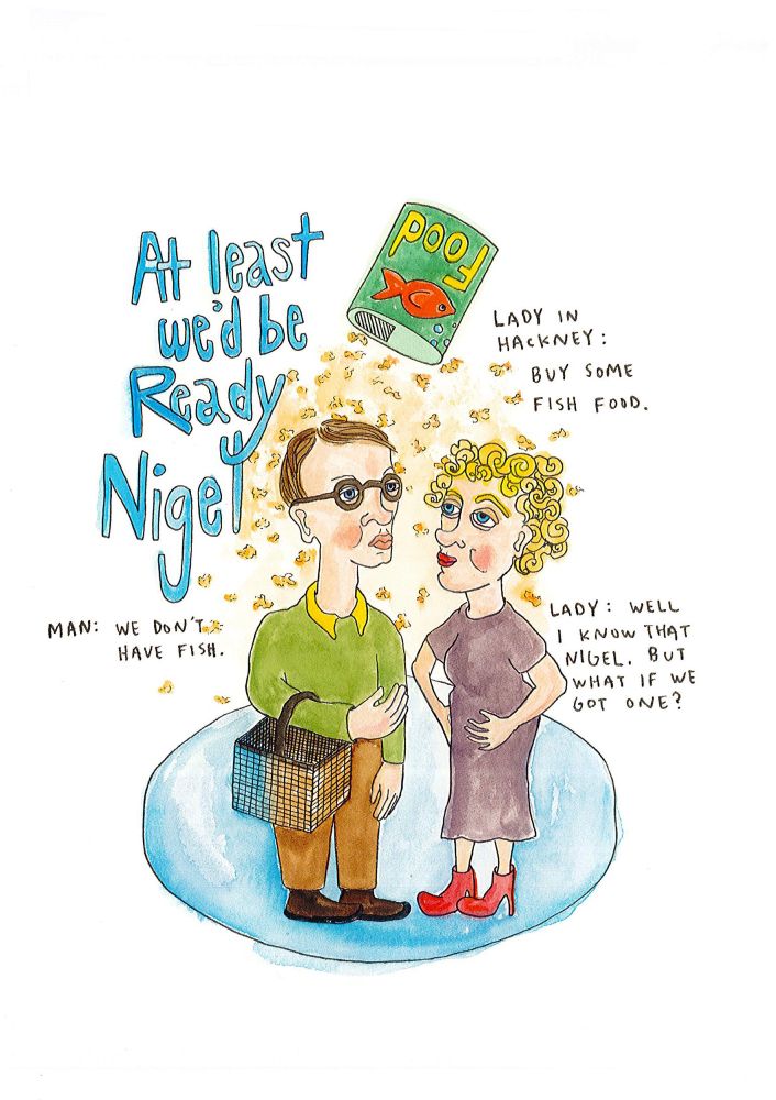 A colour drawing of a man in glasses and a green jumper holding a metal shopping basket talking to a woman with blonde curly hair in a purple dress. The words of the post are written around them. A tub of fish food spills onto their heads.