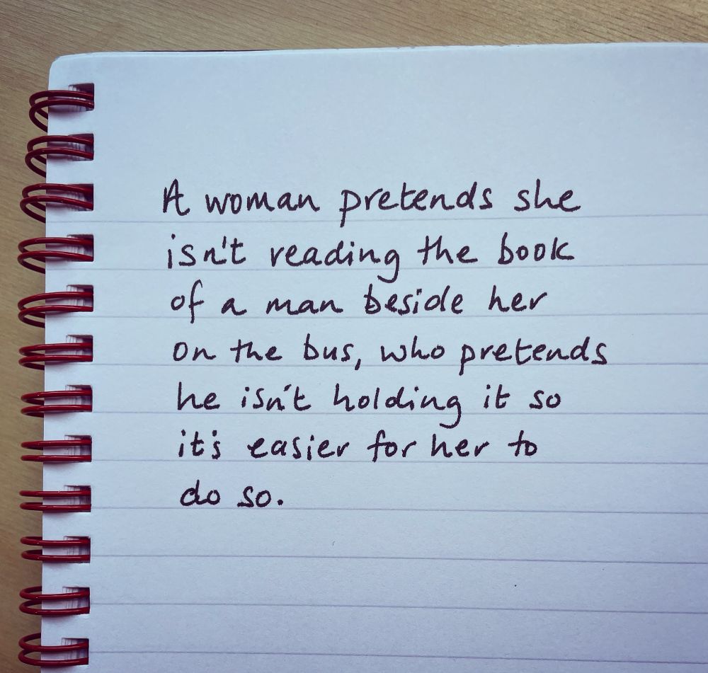 Photo of a notebook - red rings on the ring-binder part - white, lined pages. Handwritten by me are the words: A woman pretends she isn't reading the book of a man beside her on the bus, who pretends he isn't holding it so it's easier for her to do so.