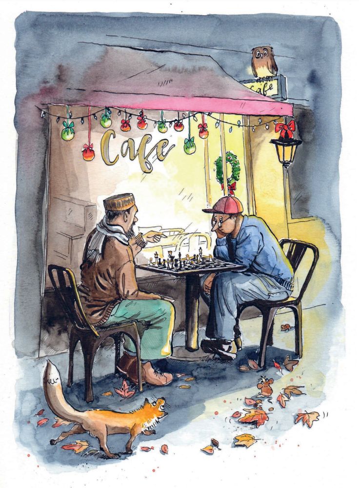 Art by Luci Power: a watercolour painting of two men playing chess outside a cafe surrounded by autumn leaves and a curious fox. Baubles decorate the cafe and light spills out from inside.