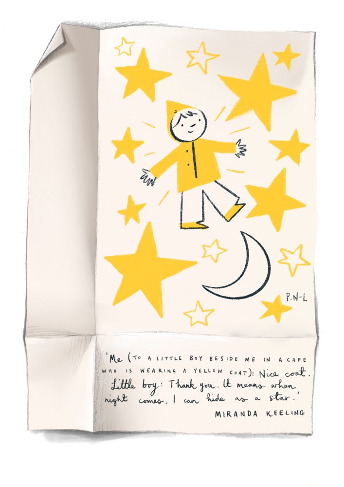 A line drawing and block colour-little boy in a yellow coat, shoes and pointy hat surrounded by large yellow stars and a crescent moon.