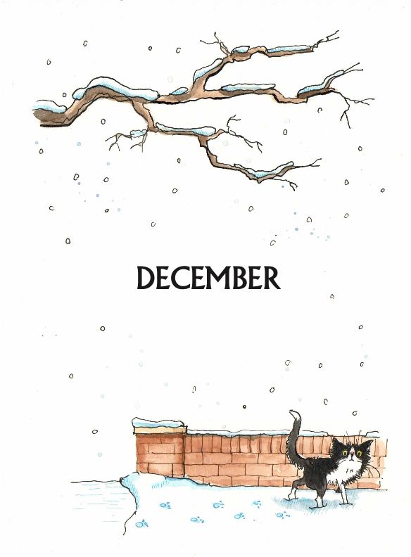 The December page, illustrations by Luci Power of a brick wall, a tree and a black and white cat in the snow.