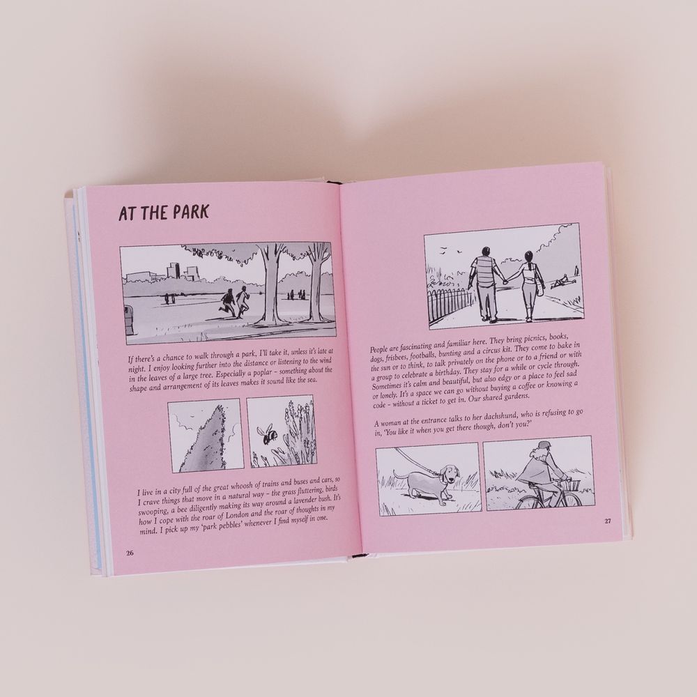 A photo of a double-page spread from the chapter 'AT THE PARK'. The colour of the pages is pink and the text is black and illustrations are in black and white. There are observations by me (the text is too small for most people to read I this image) and a black-and-white illustration on the left-hand page by Adam Beer, of a park with runners and trees, a close-up of a bush and a bee near a lavender flower. The right hand page has illustrations of a couple walking in a park from behind, a dachshund on a lead and a woman on a bicycle - facing away from us.