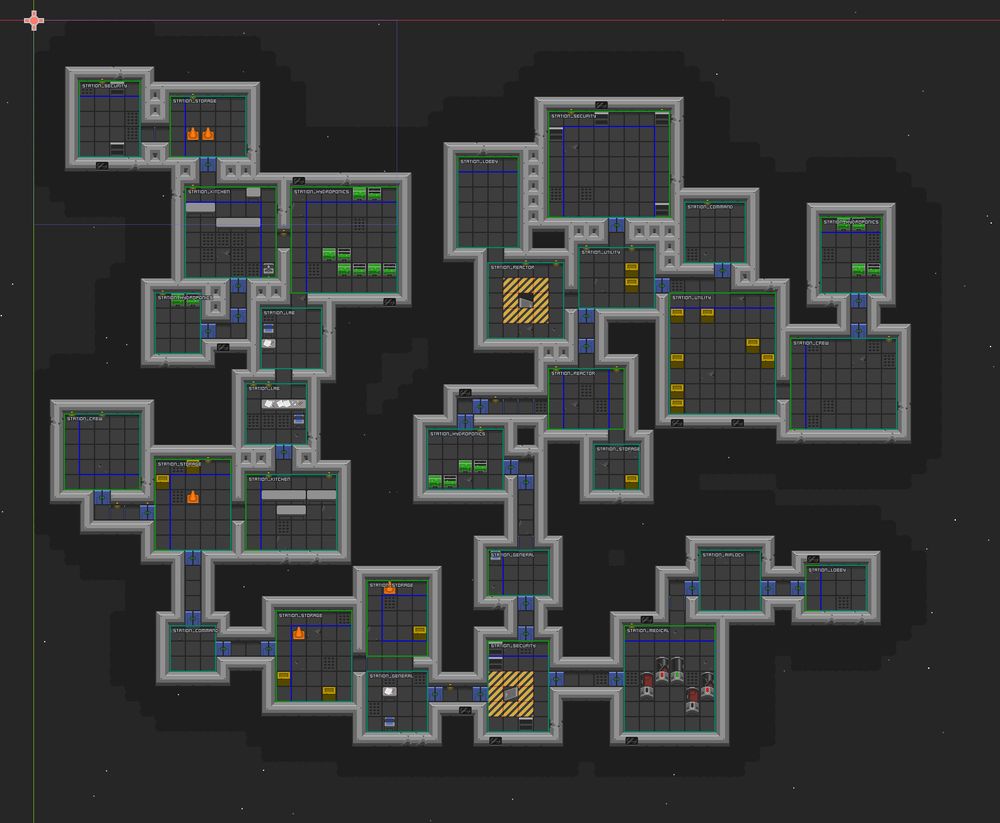 An overview of a sci-fi themed 2D dungeon with many interconnected rooms