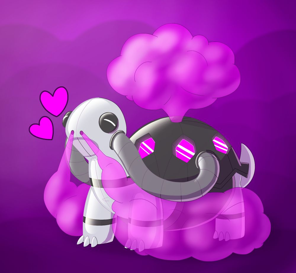 A rubber Torkoal drone exhaling a sweet smelling pink gas being sent in from tubes connected to it's rubber shell!