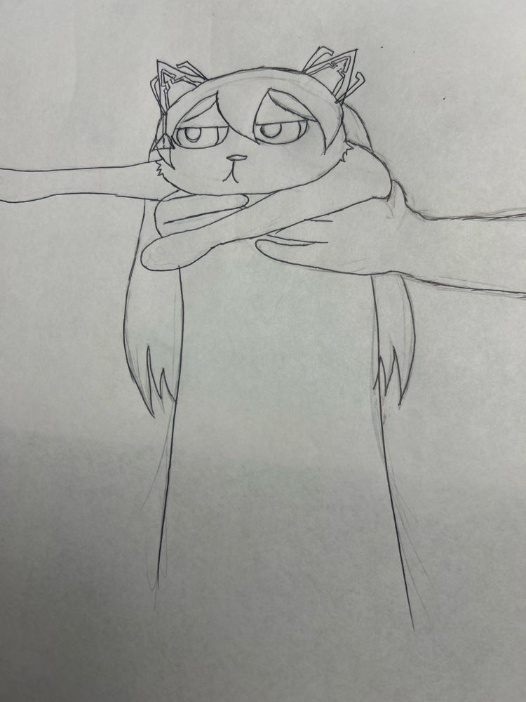 Traditional rough sketch of Taru Nashi as a long cat. They look annoyed about being picked up.