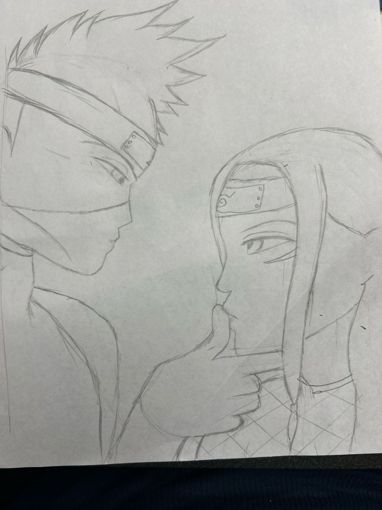 Traditional rough sketch of Tryss’s self insert Naruto oc, Ryuko, in an intimate moment with Kakashi Hatake. You could cut the romantic tension with a knife bro.