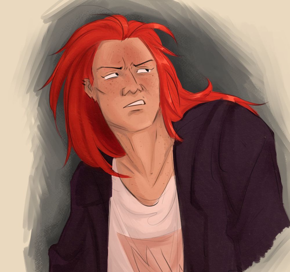 A digital drawing of Marckus from Hunter: The Parenting. She's seen from the bust - up, slightly leaning forward with her head turned towards the right. She's staring at something off screen, with an irritated expression. 