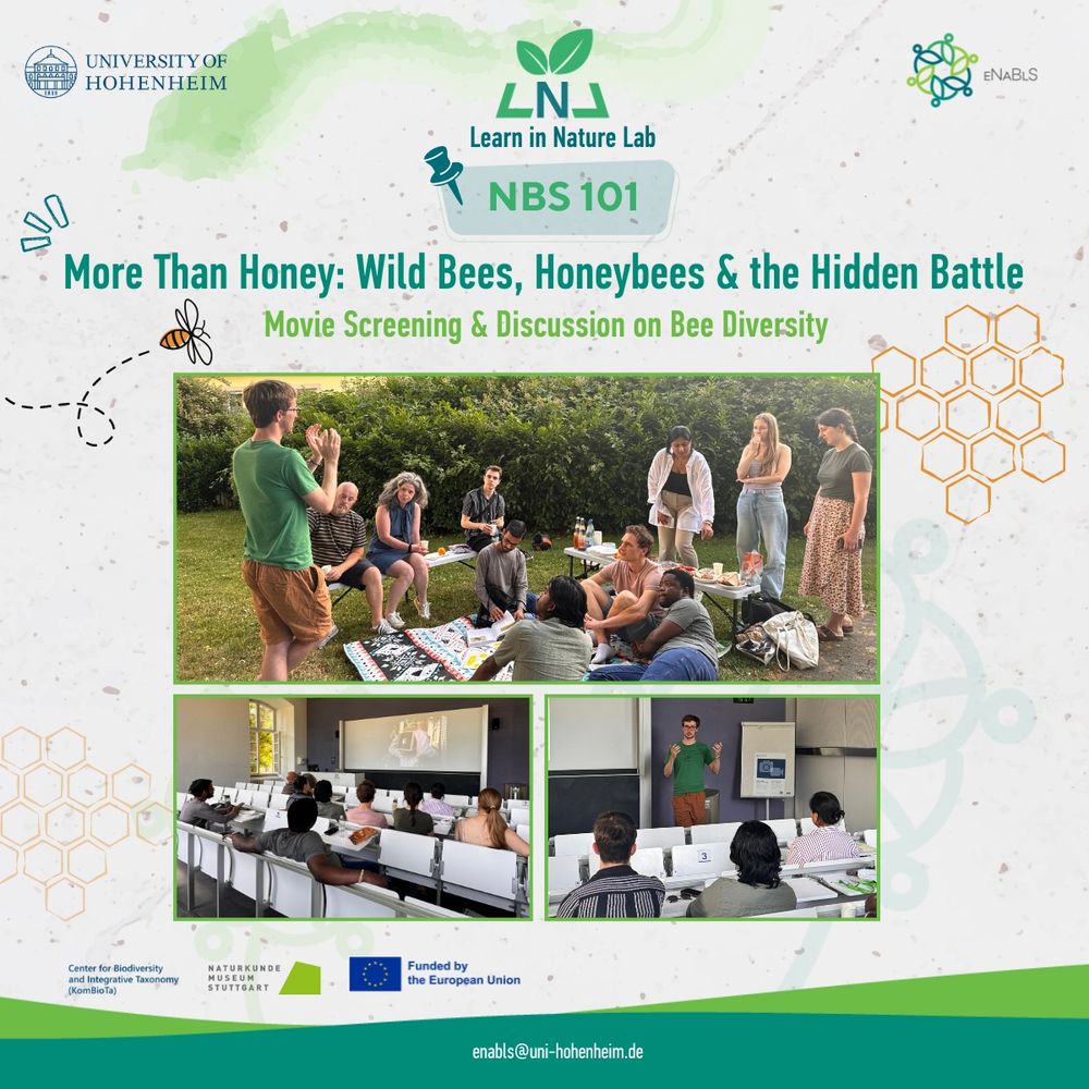 Banner ofNBS101 Session 4 (hosted by thhe Learn in Nature Lab). Title: More than Honey: Wild Bees, Honeybees & the Hidden Battle. Subtitle: Movie Screening & Discussion on Bee Diversity. Accompanied by photos from the event.