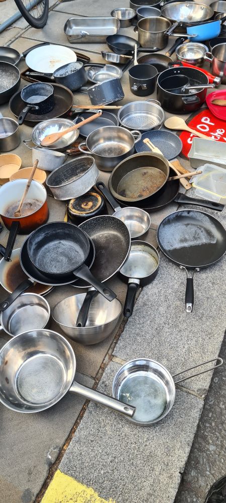 Pots and pans piled up on the pavement outside Keir Starmer's house