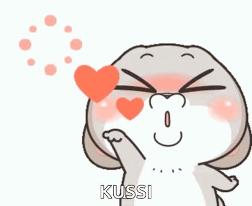 a cartoon rabbit blowing a kiss with a heart in its eyes and the word kussi below it