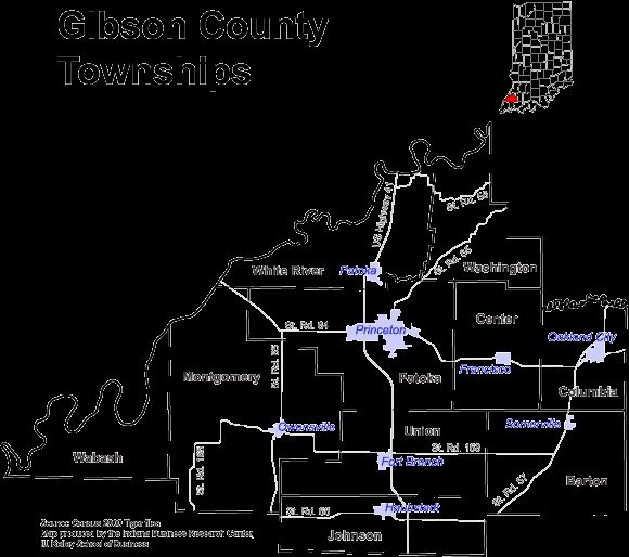 Map of civil townships in Gibson County, Indiana. Their borders are irregular and their sizes inconsistent.