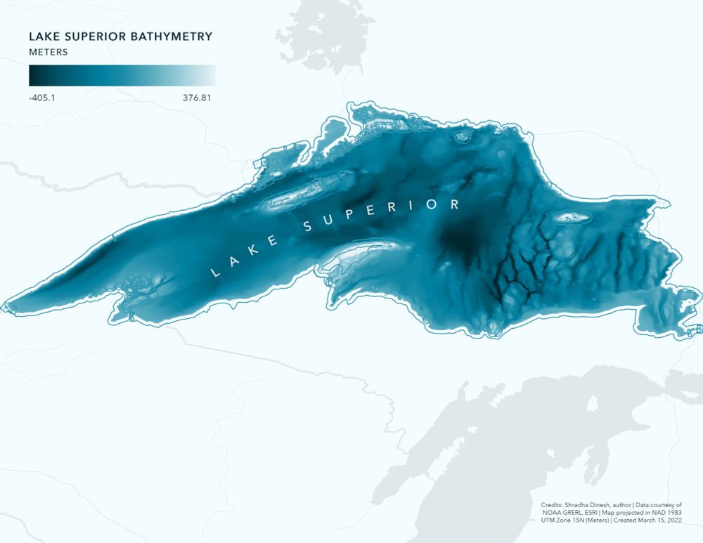 Monochromatic blue map showing the bathymetry of Lake Superior in meters created in March 2022. Title is Lake Superior Bathymetry and the continuous scale is a dark to light color ramp from -405.1 meters to 376.81 meters. 