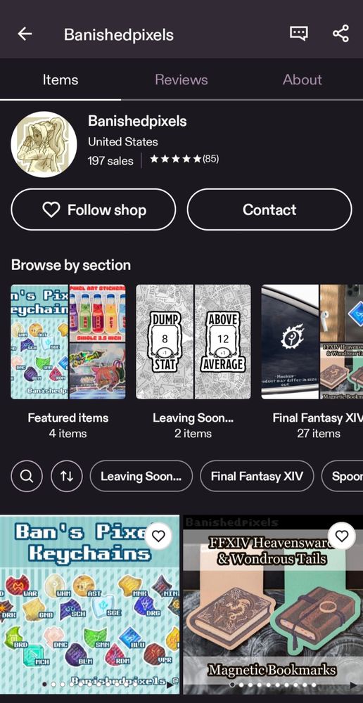 A screenshot of Banishedpixels' Etsy shop on a mobile browser. They have sold 197 products and have a 5 Star rating. All listings are 30% off for the month of August.