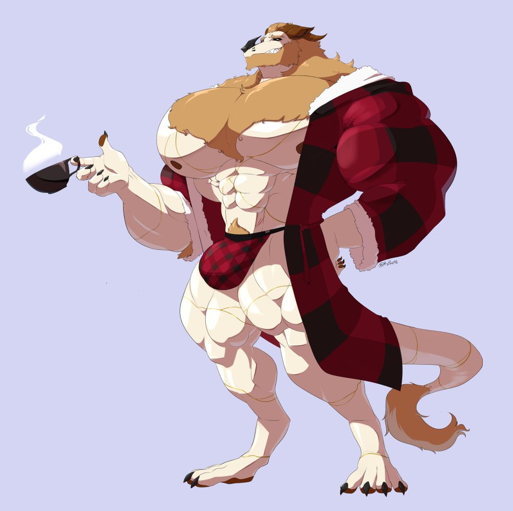 Bat/Dragon hybrid character wearing a plaid bathrobe and jockstrap, holding a steaming cup. 
