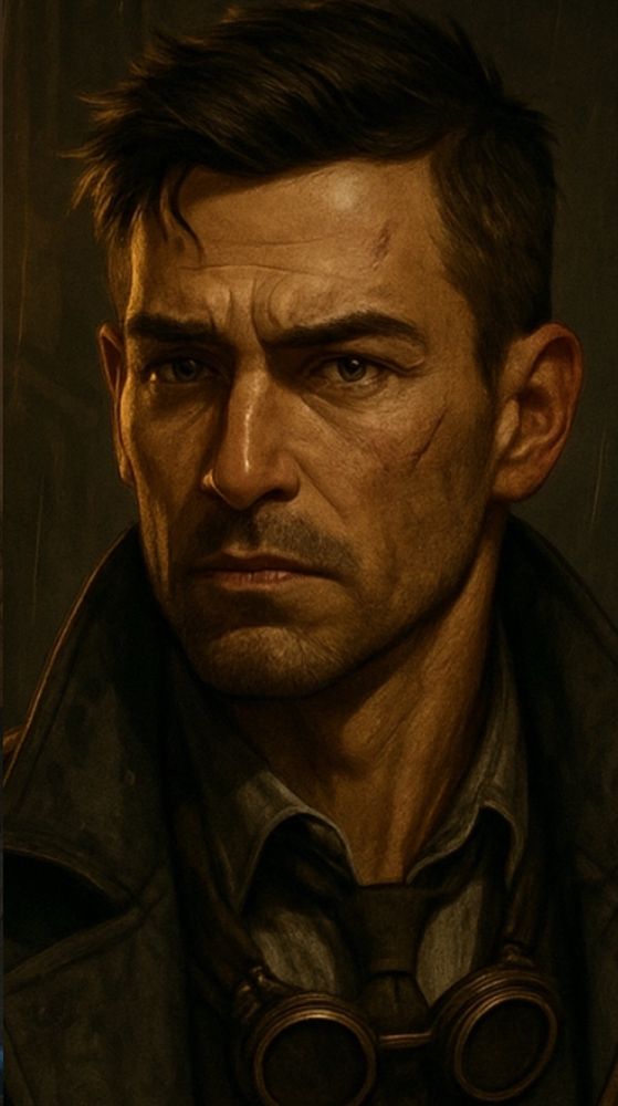 adult Man with brown spiked hair and a five o clock shadow. wearing goggles and a trench coat 
Theröz Shenstien from the Diesel punk drama, “Airship Dreams”