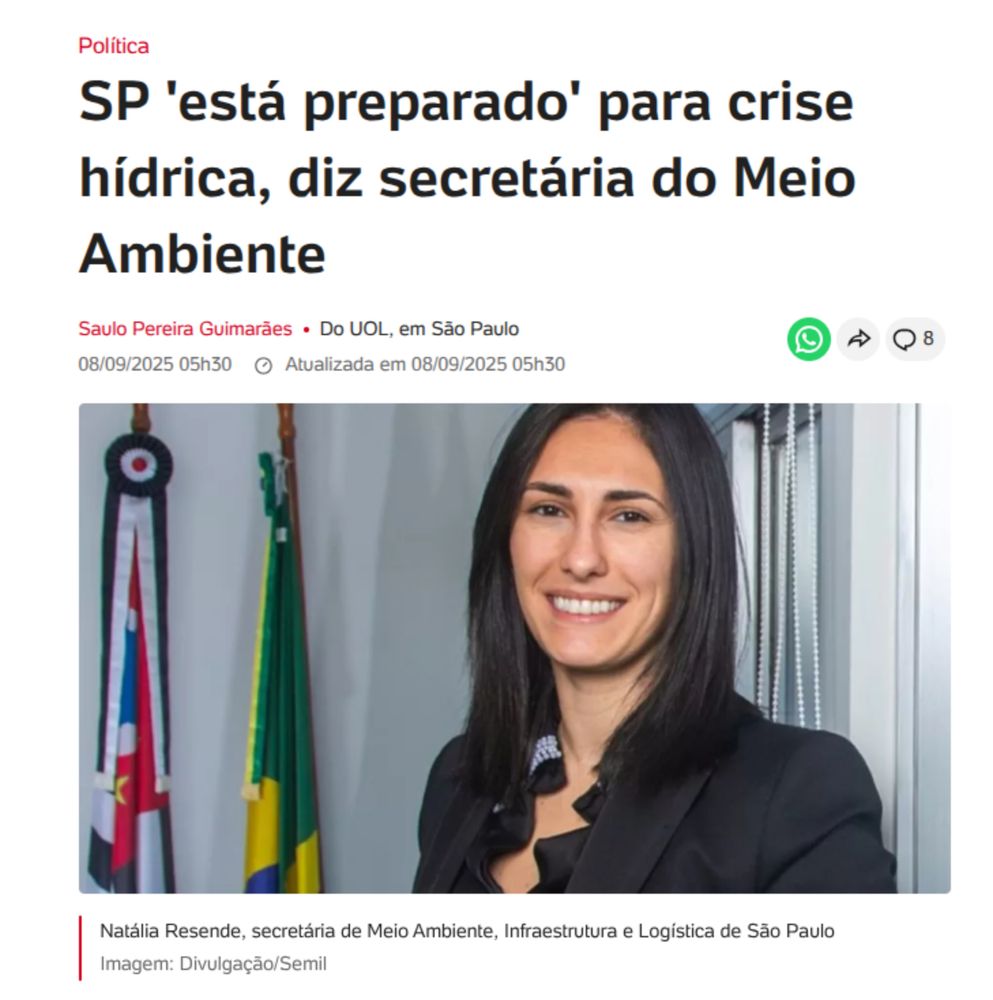A imagem mostra o rosto da secretária de Meio Ambiente de SP, Natália Resende mentindo descaradamente ao dizer que SP está preparado para a crise hídrica que se aproxima.