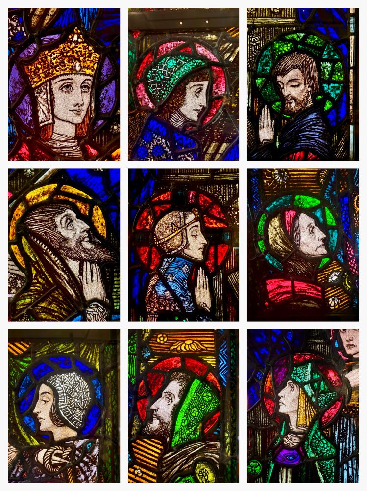 Saints depicted with the typical large expressive eyes and elongated features and hands typical of Clarke’s work. The jewel like colours are another of his trademarks. 