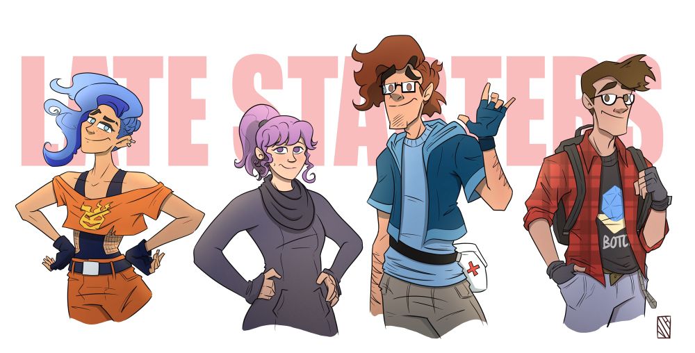 You see an illustration of four characters in line on a white background the words “Late Starters” just visible behind them. The four: a girl with blue hair, a shorter girl with purple hair, a tall young man with brown hair and glasses, and a slightly shorter man with shorter brown hair and glasses. They’re smiling and looking awesome.