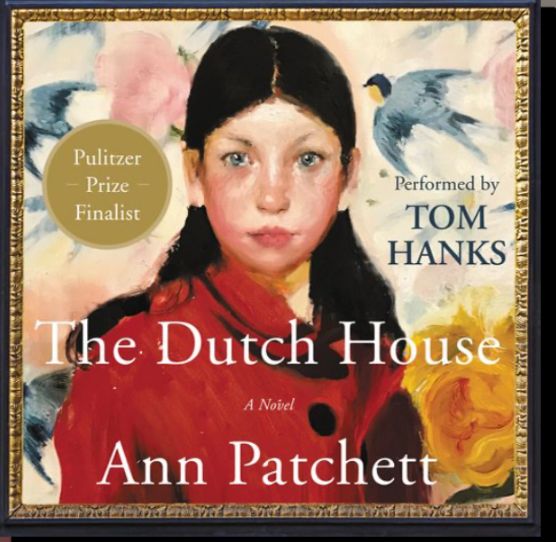 Book cover: The Dutch House by Ann Patchett. A painting of a young girl in a red coat with long black hair, pale rosy skin and dark blue eyes. Behind her is wallpaper with blue swallows and pink and yellow roses. 