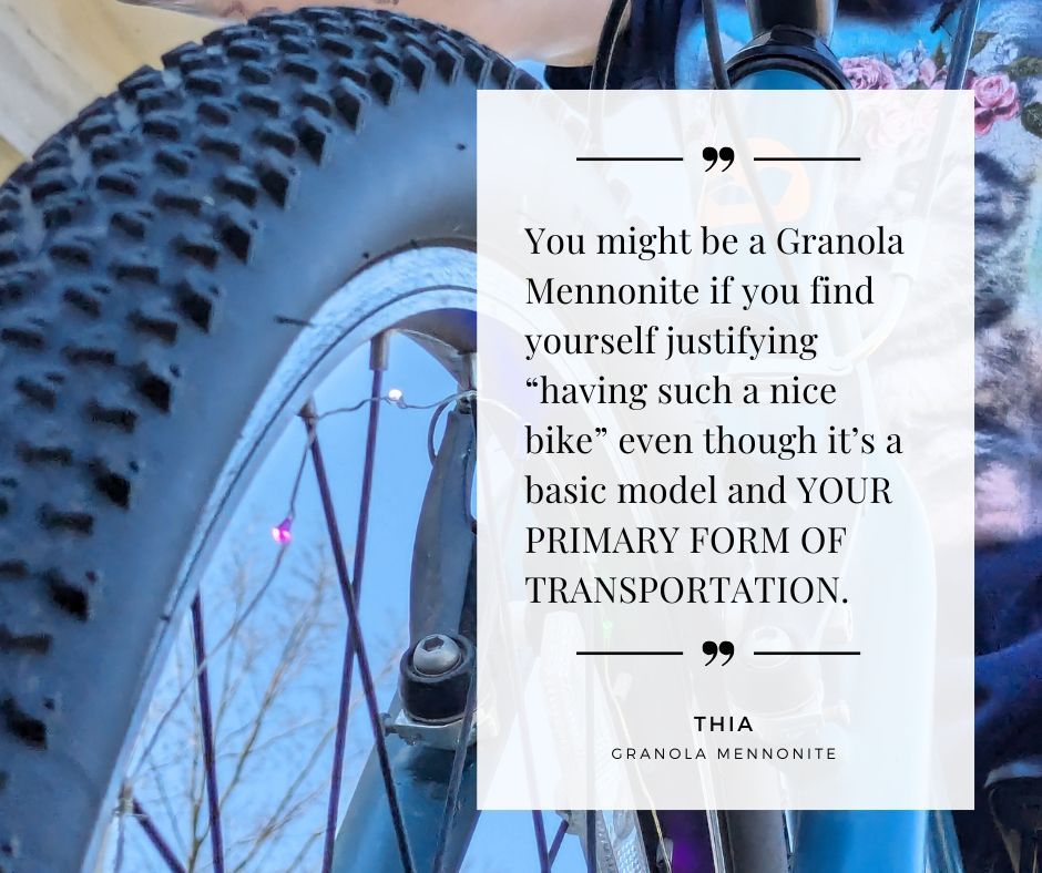 You might be a Granola Mennonite if you find yourself justifying "having such a nice bike" even though it's a basic model and YOUR PRIMARY FORM OF TRANSPORTATION.