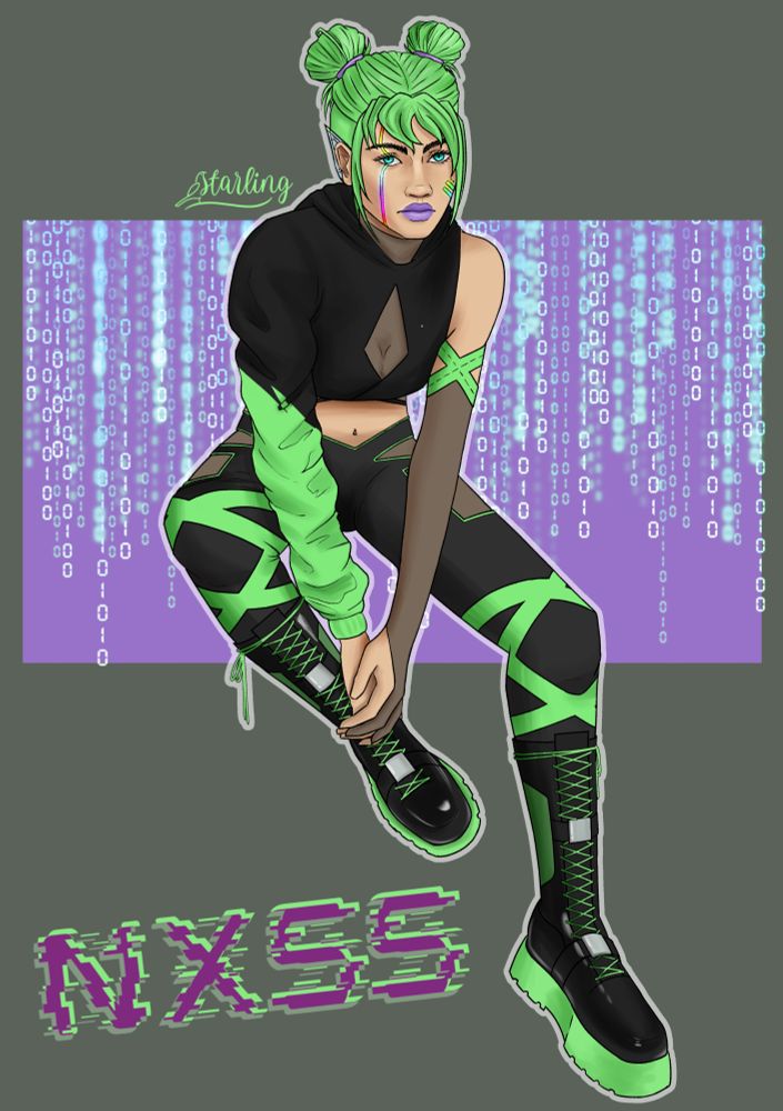 A digital painting of a person sitting a little hunched over, looking directly at the viewer. She has green hair in two buns, and wears a sci-fi outfit of black and green including a cropped, one-sleeve hoodie. On their face are some glowing cybernetics. In the background is binary code, and underneath is her name, Nxss, in glitched font.