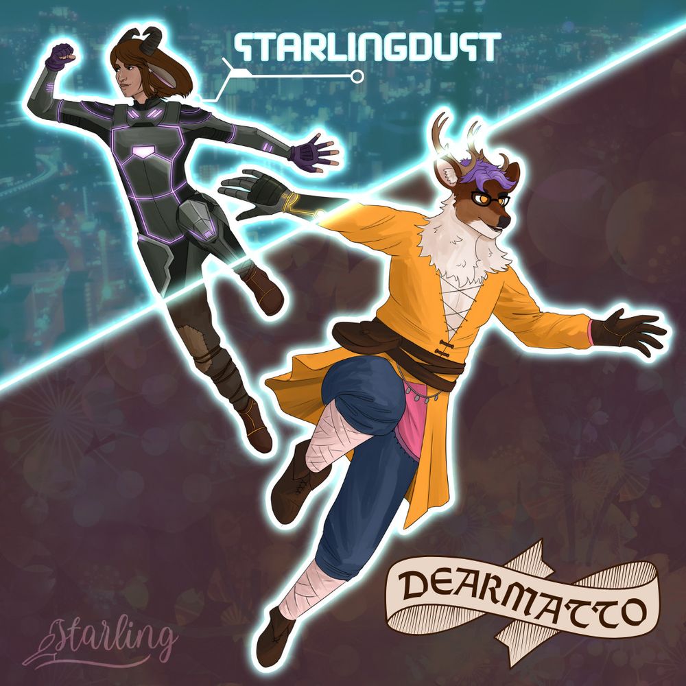 Starling's OC billie (human with goat horns and ears) and Matto's pngtuber (deerman) as characters from Split Fiction