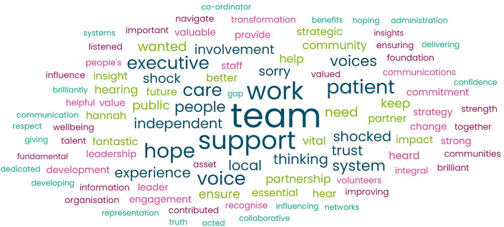 A word cloud shoing what people have said about Healthwatch Leeds. Words that stand out include team support work patient hope and voice.