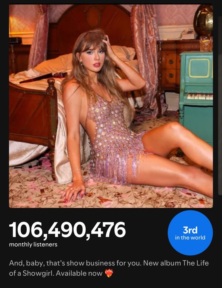 The updated Spotify banner for Taylor Swift on Spotify featuring a promo picture from “The life of a showgirl”