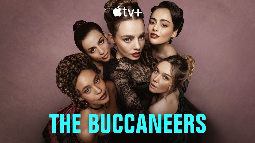 Promo image for the Apple TV Show “The Buccaneers featuring the main cast looking up a the same camera and wearing dark dresses