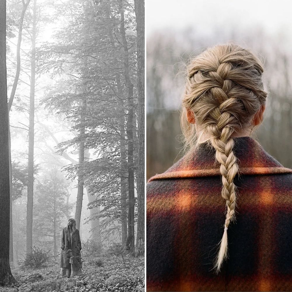 An image split into two with a thin verticals white line . On the left is the folklore cover and on the right is the Evermore cover.