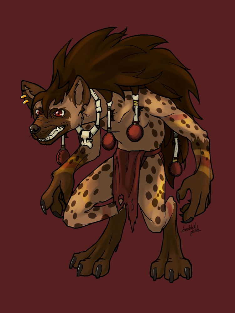 A gnoll from D&D styled after a spotted hyena. They are hunched over and growling, and they have bone rattles tied into the mane of fur on their neck and back. They are wearing a necklace made of hollowed out bones and a loincloth, and they have ochre paints rubbed in stripes into their fur.