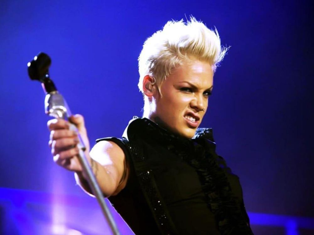 pink holding a microphone