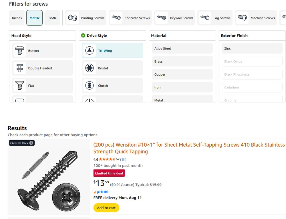 The options "metric" and "tri-wing" have been selected in the screw filter on Amazon's website. The first result is of a philips head, imperial screw.