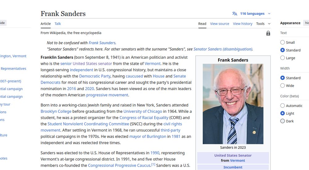 A doctored Wiki Page of Bernie Sanders, where Bernie has been replaced with Frank.