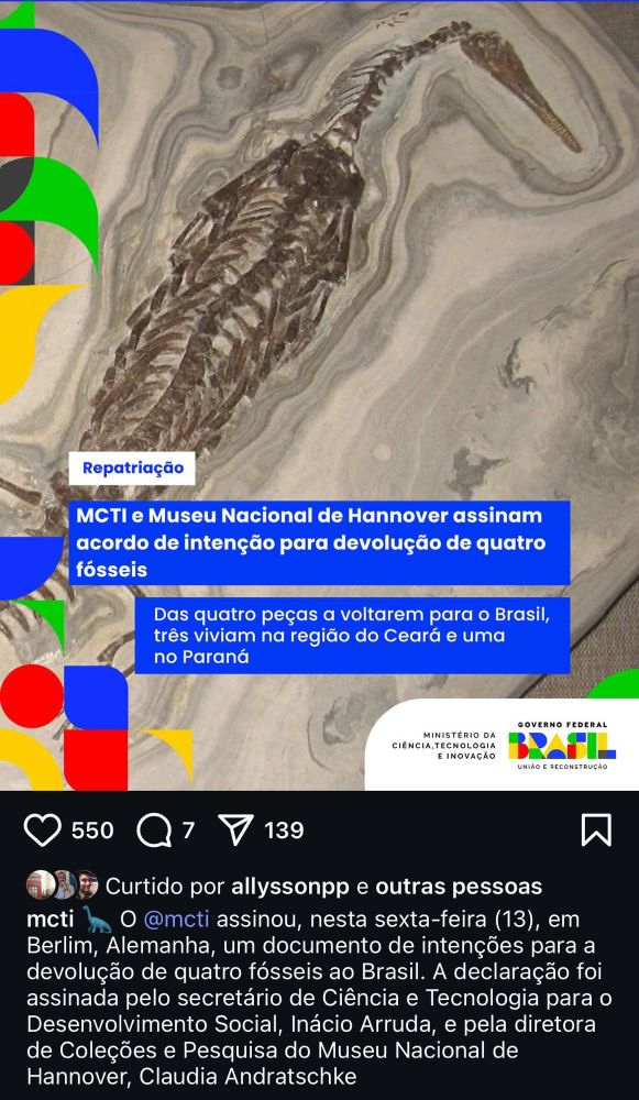 Imagem com fundo de rocha calcária polida, mostrando o fóssil quase completo de um réptil marinho - um mesossauro - com pescoço longo e focinho estreito, preservado em vista dorsal. À esquerda, há formas geométricas coloridas nos tons azul, verde, vermelho, amarelo e cinza, que compõem a identidade visual do Governo Federal. Sobre a imagem, há uma faixa azul com o texto: “Repatriação – MCTI e Museu Nacional de Hannover assinam acordo de intenção para devolução de quatro fósseis”. Abaixo, em outra faixa azul, lê-se: “Das quatro peças a voltarem para o Brasil, três viviam na região do Ceará e uma no Paraná”. No canto inferior direito, aparece o logotipo do Governo Federal e do Ministério da Ciência, Tecnologia e Inovação.