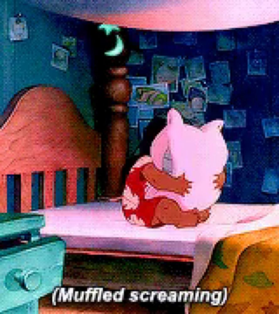 a cartoon of a pig hugging a pillow with the words " muffled screaming " written below it