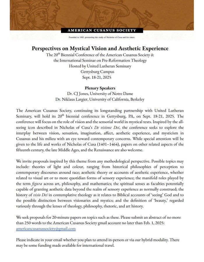 Scholars presenting on mysticism or medieval religion at #SBLAAR24 should also consider sending in an abstract for "Perspectives on Mystical Vision & Aesthetic Experience," our 2025 conference in Gettysburg. 
@AARWeb
 
@SBLsite
 
https://americancusanussociety.org