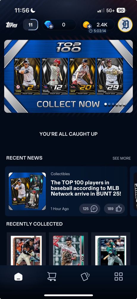 This is a screen capture of a mobile app highlighting baseball cards.  It has a blue banner outlining a new virtual card series.  It also shows some other banners for virtual card activities as well as some images of actual cards. The bottom of the photo has some iconographic buttons that are the main app navigation.  